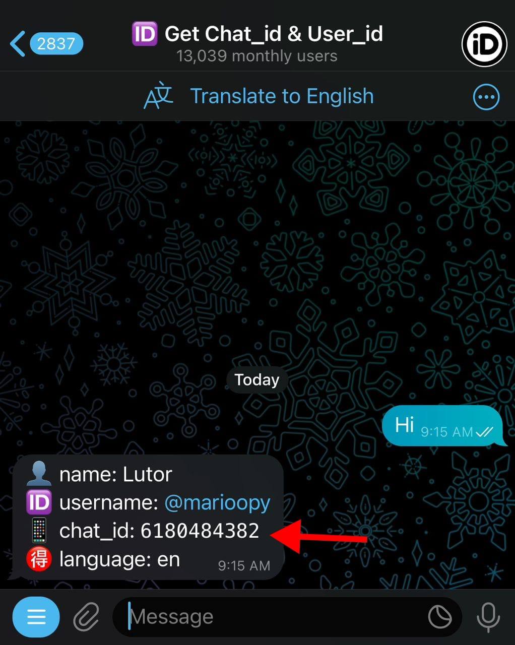 Screenshot: Getting Chat ID from @chatIDrobot